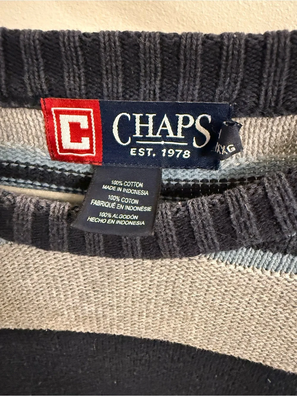 Chaps Men’s Navy, Light Gray & Light Blue Striped Crewneck Sweater